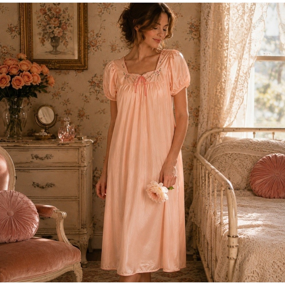 Vintage 1970s Vassarette Peach Pink Nightgown Sz M Floral Embroidered Coquette